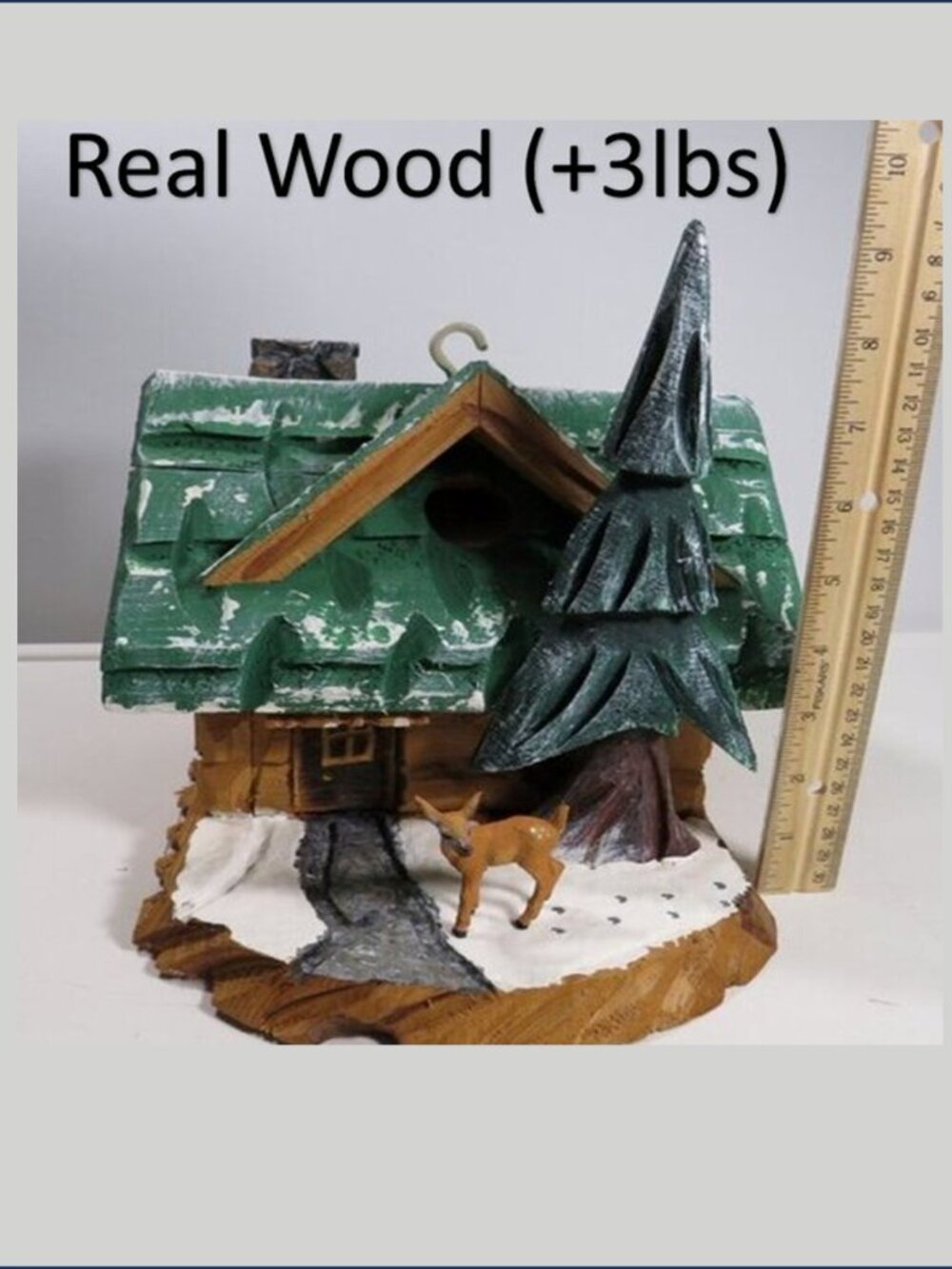 Rustic Wooden Winter Cabin Birdhouse Deer Mountain Cottage Display 10" cabincore